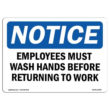 OSHA Notice Sign, Employees Must Wash Hands Before Returning To Work, 10in X 7in Decal -  SIGNMISSION, OS-NS-D-710-L-11968